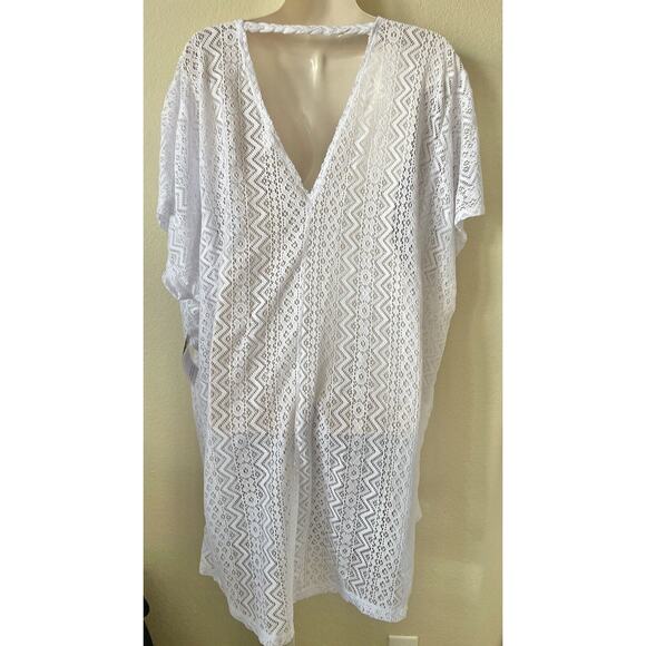 Time and Tru Women White V-Neck Wavy Crochet Drop Short Sleeve Cover Up Size L - Picture 9 of 13